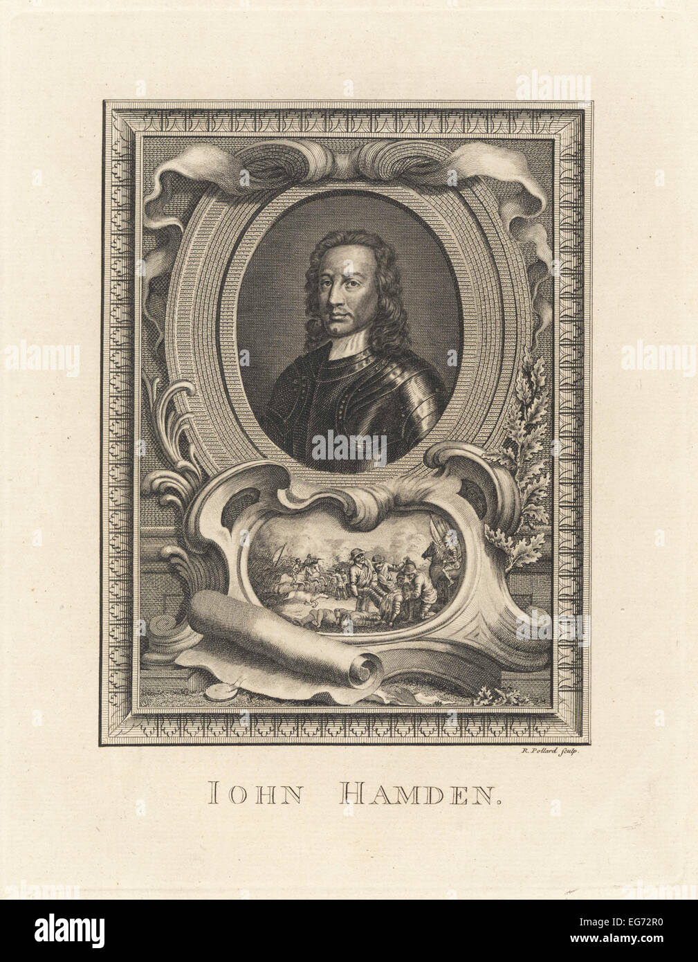 John Hampden, englische Parlamentarier in Oval oben Vignette seines Todes auf dem Schlachtfeld der Firma. Stockfoto