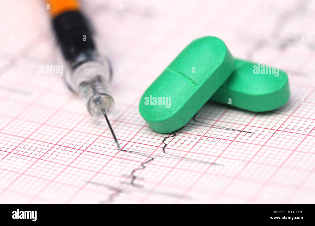 Nahaufnahme eines EKG mit Pillen und Spritze Stockfoto
