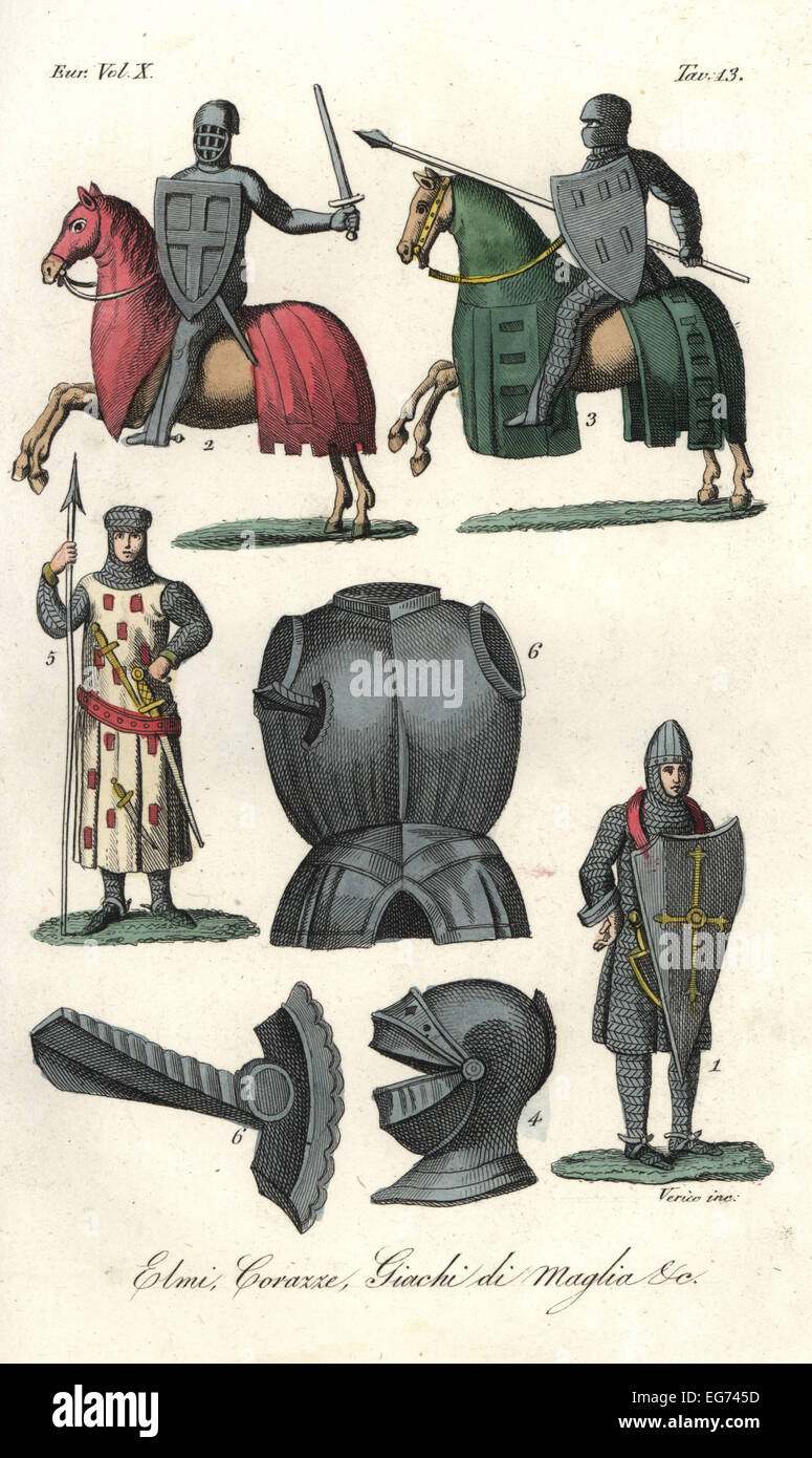 Helme und Rüstungen aus dem 14. Jahrhundert. Stockfoto