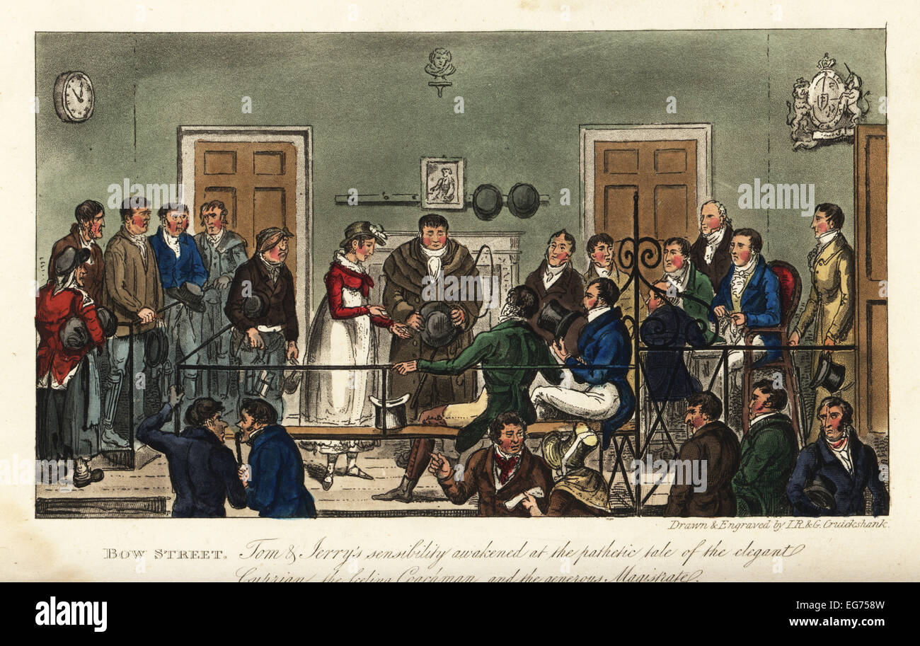 Englisch Georgisch Dandys am Bow Street Magistrates Court. Tom und Jerry Sensibilität geweckt das pathetisch Märchen von der eleganten Cyprian, das Gefühl Kutscher und der großzügige Magistrat. Stockfoto