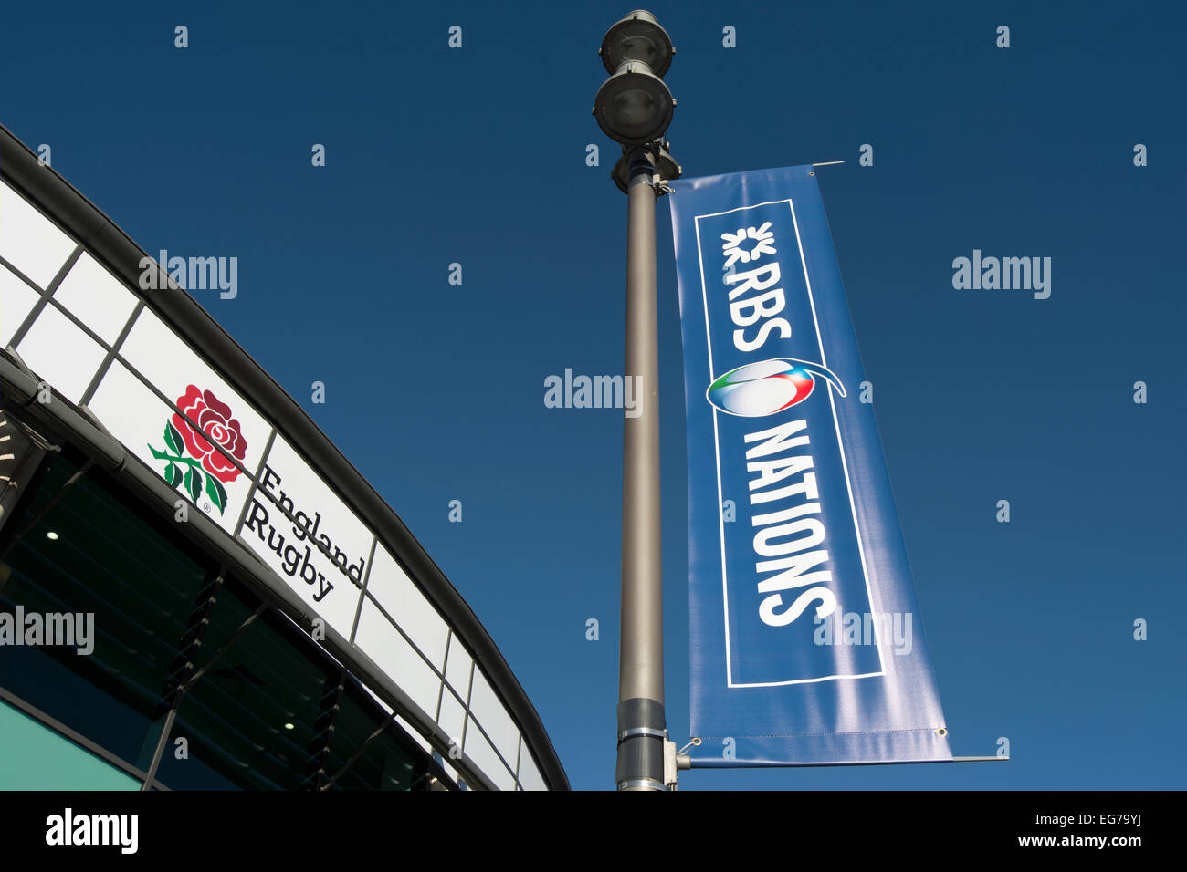 Hängebanner für 2015-Rugby-sechs-Nationen-Turnier außerhalb Twickenham Stadium, Twickenham, Middlesex, england Stockfoto