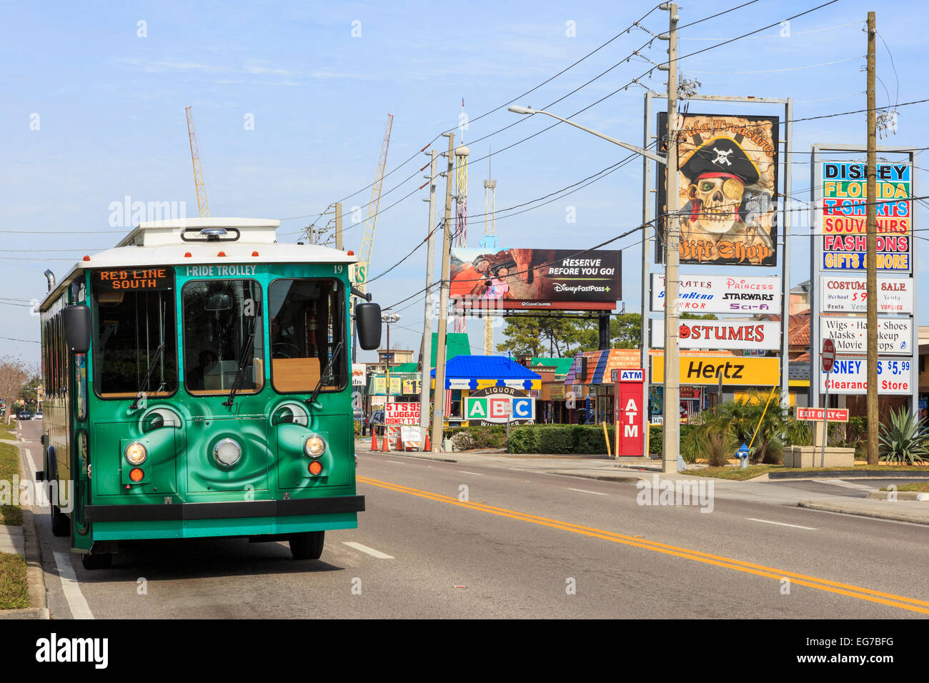 -Ride ikonischen Trolley-Bus, der fährt am International Drive, Orlando, Florida, Amerika Stockfoto