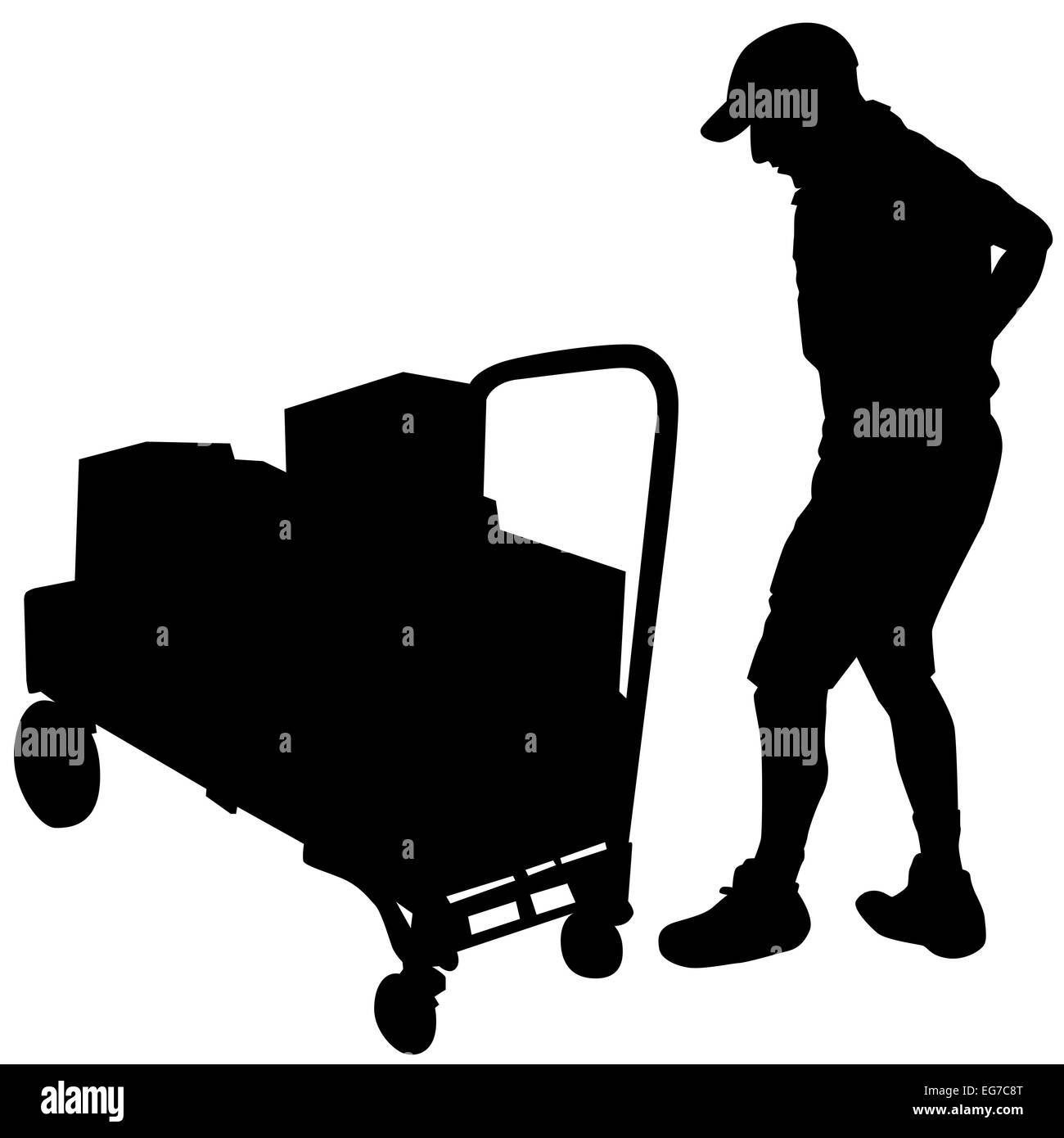 Ein Bild von einer Lieferung Mann und Wagen mit Boxen. Stockfoto