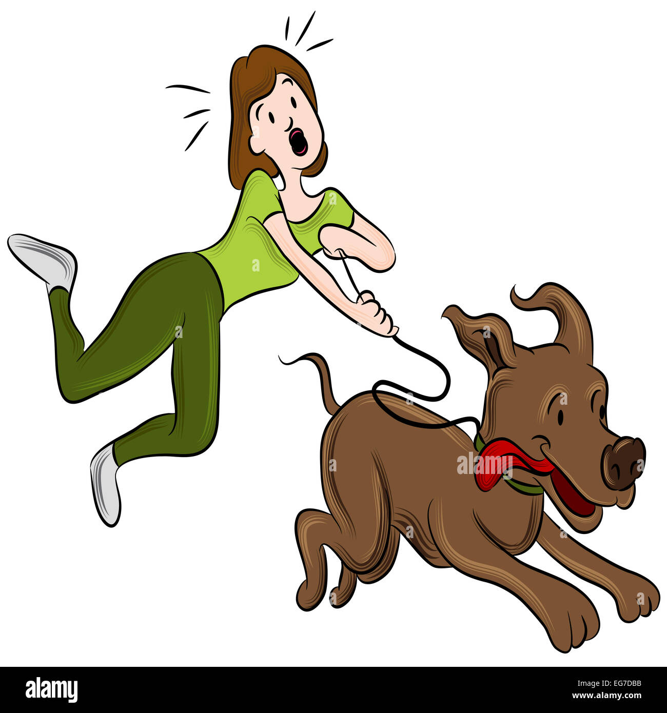 Ein Bild einer Frau, die versuchen, ihren Hund zu gehen. Stockfoto