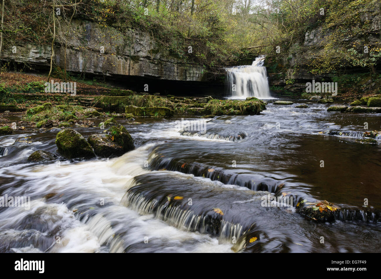 West-Burton-Wasserfällen oder Kessel fällt auf Walden Beck im Herbst. North Yorkshire, Yorkshire Dales National Park, England, UK Stockfoto