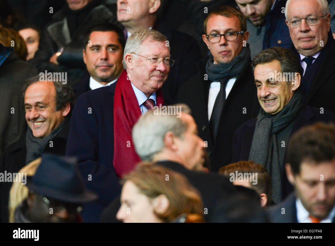 Michel PLATINI/Sir Alex FERGUSON/Nicolas SARKOZY - 17.02.2015 - Paris Saint Germain/Chelsea-1/8Finale Aller Champions League.Photo: WinterPress/Icon Sport Stockfoto