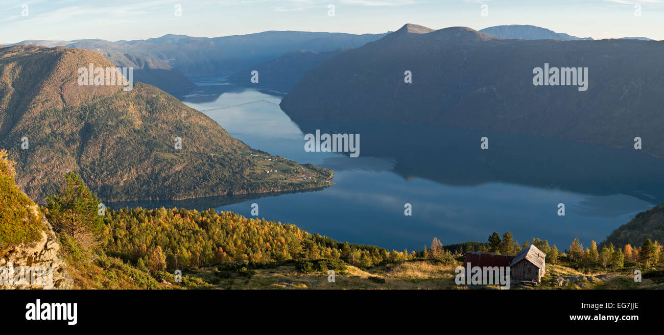 Blick über den Lustrafjord, der inneren Zweig des Sognefjords, gesehen vom Mount Molden, Panorama, Zunge Land Urnes, Norwegens älteste Stabkirche Stockfoto