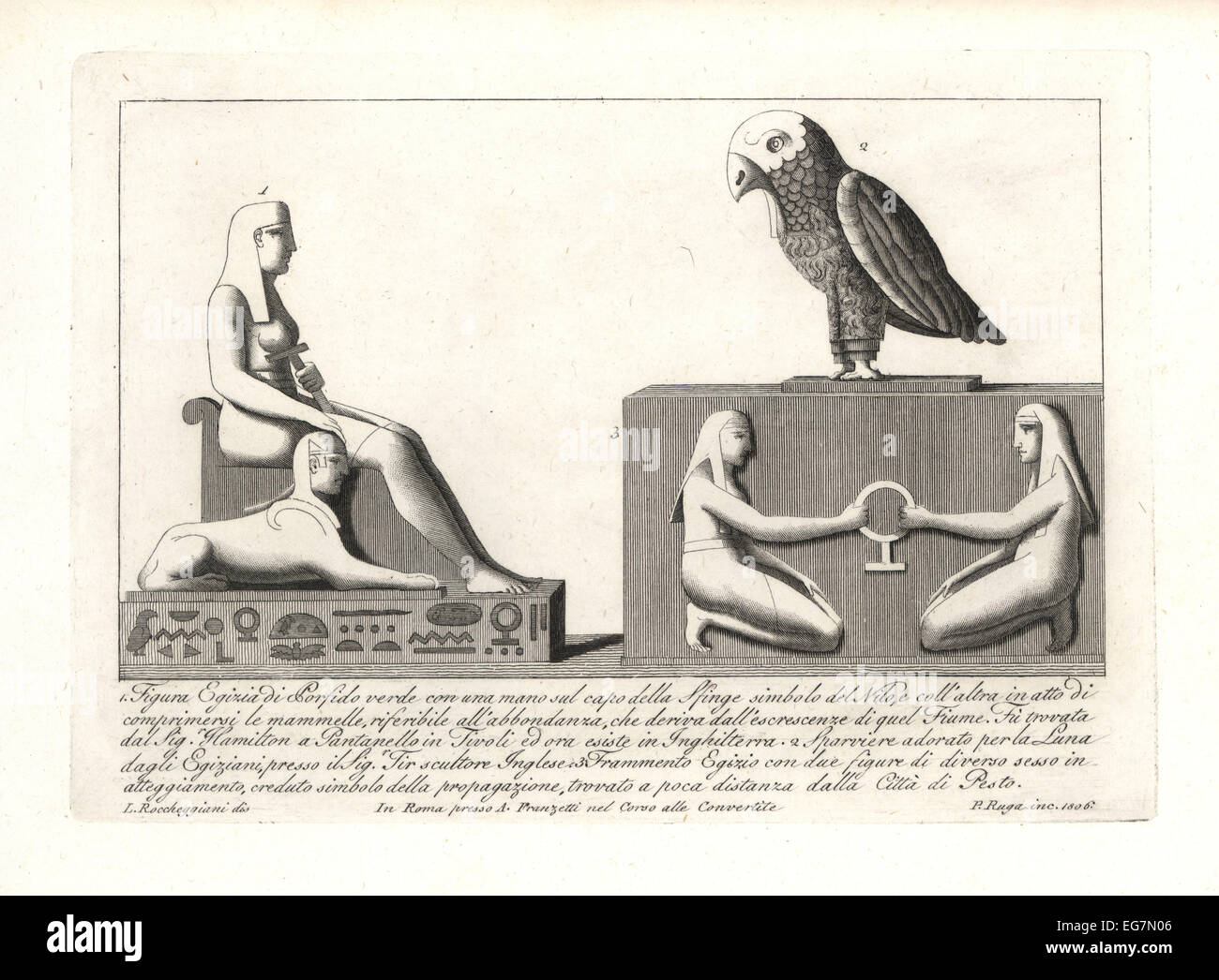 Antike ägyptische Gottheiten wie Isis und Sphinx. Stockfoto