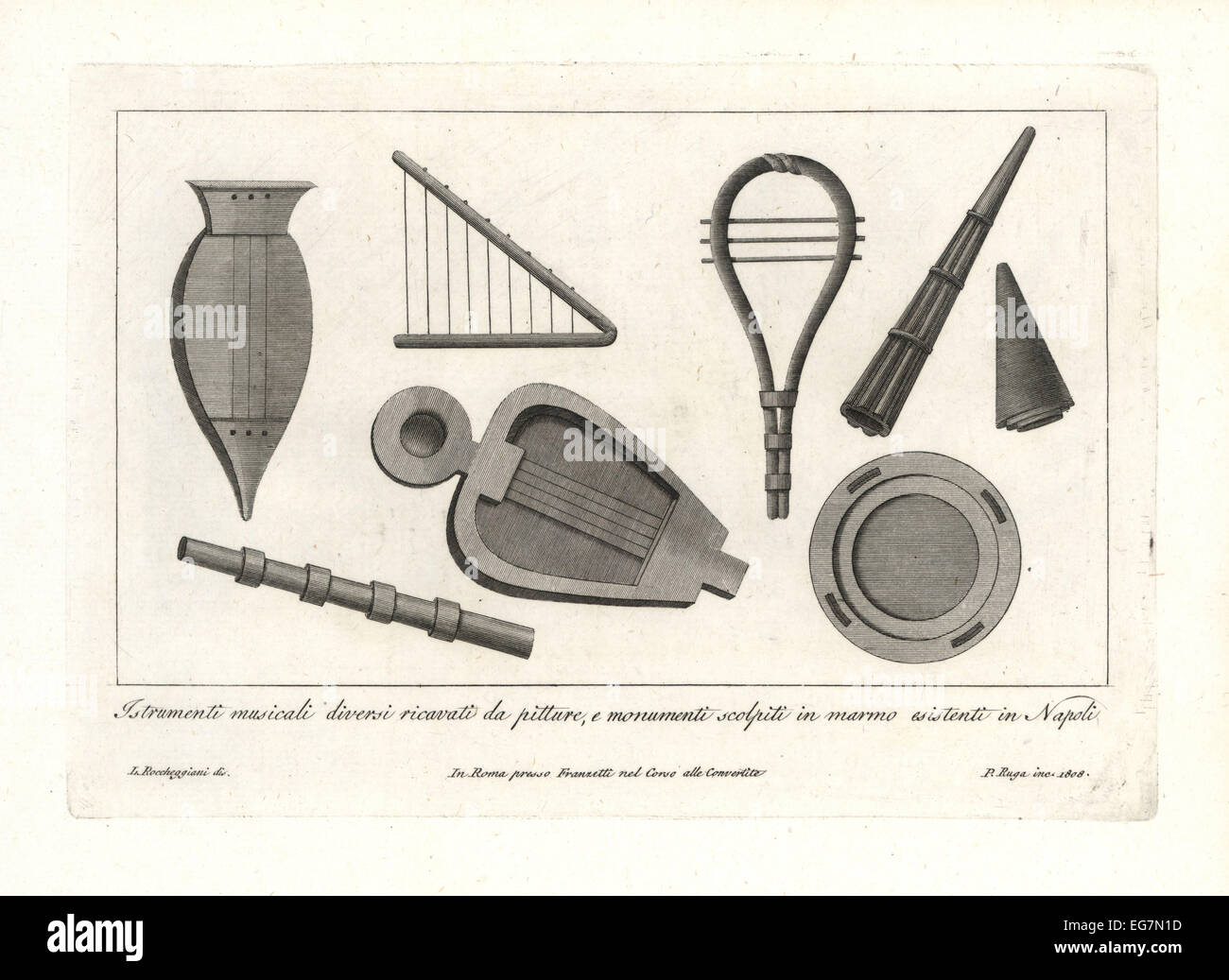Antike römische Musikinstrumente: Sistrum, Cithara, laute, Leier, Trigono, Horn und Tamburin. Stockfoto