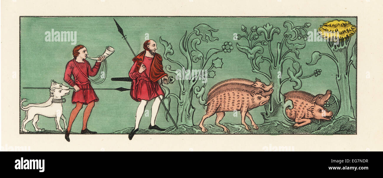 Männer Schweine-Jagd in einem surrealen Wald mit Speeren, Hunde und  Jagdhorn, 9. Jahrhundert Stockfotografie - Alamy