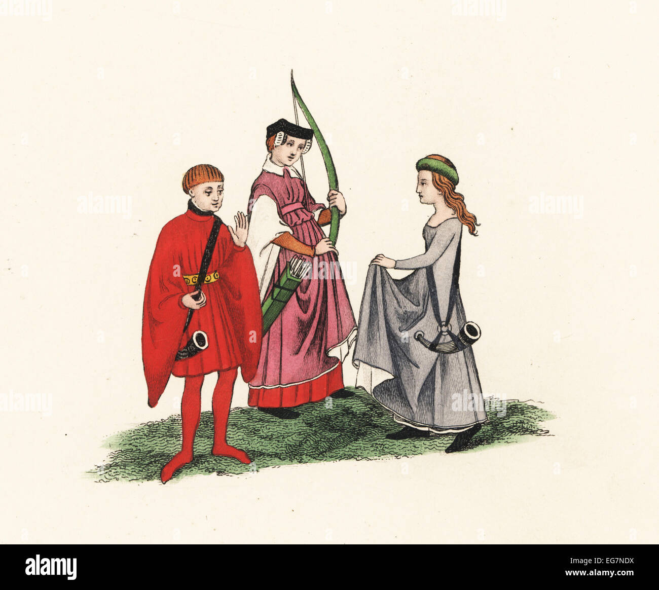 Frauen in Kleidern der Jagd, mit Langbogen, Köcher Pfeile und Jagdhorn, 15. Jahrhundert, mit Mann im roten Outfit und Jagdhorn. Stockfoto