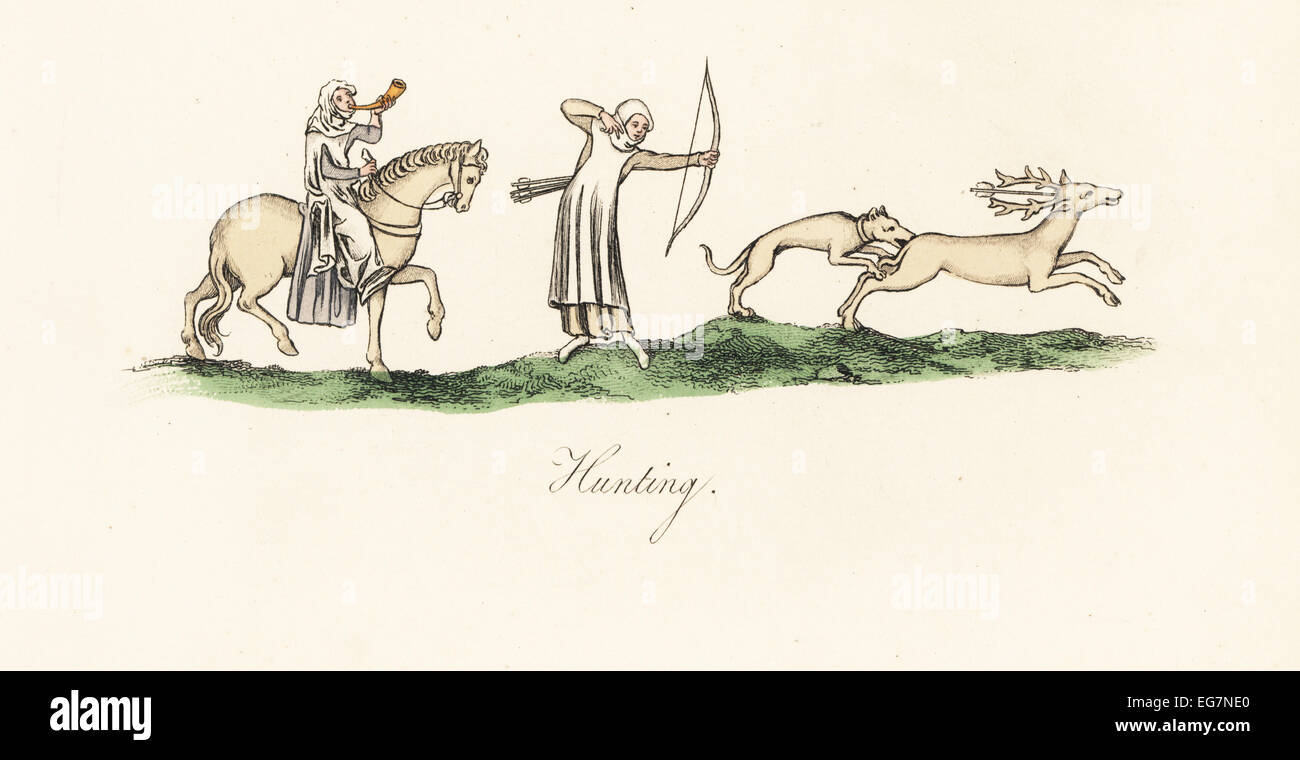 Damen, die einen Hirsch mit Pfeil und Bogen, Jagd montiert Frau bläst ein Jagdhorn und Hund angreifen Hirsch, 14. Jahrhundert. Stockfoto