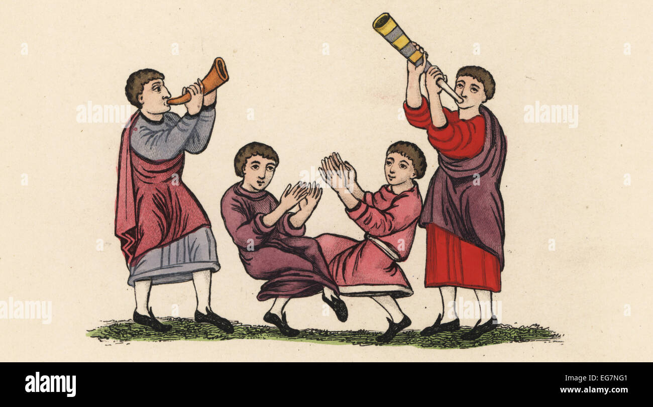 Anglo-Saxon Männer tanzen zu Trompete und Horn, 8. Jahrhundert. Stockfoto
