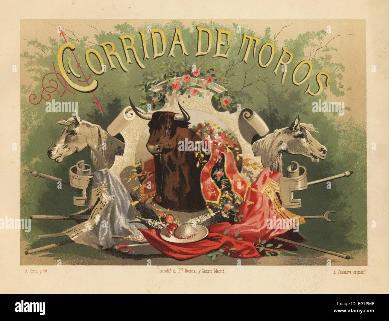 Titelblatt mit Vignette von Bull, Picador Pferde, Lanzen, Banderillas, Bänder, und Blumen. Stockfoto