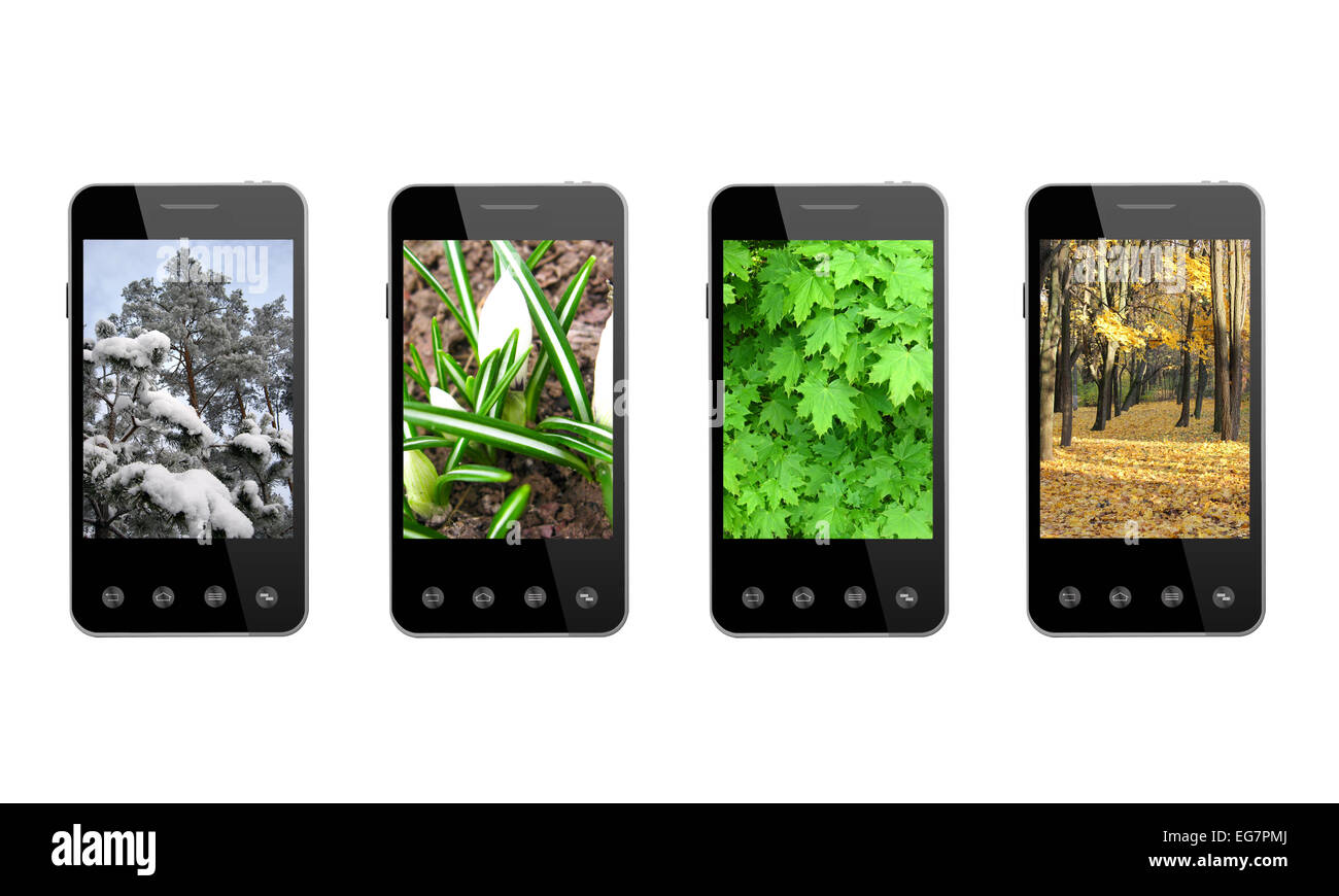 vier Smart-Phones mit farbigen Bildern von Jahreszeiten auf dem weißen Hintergrund isoliert Stockfoto