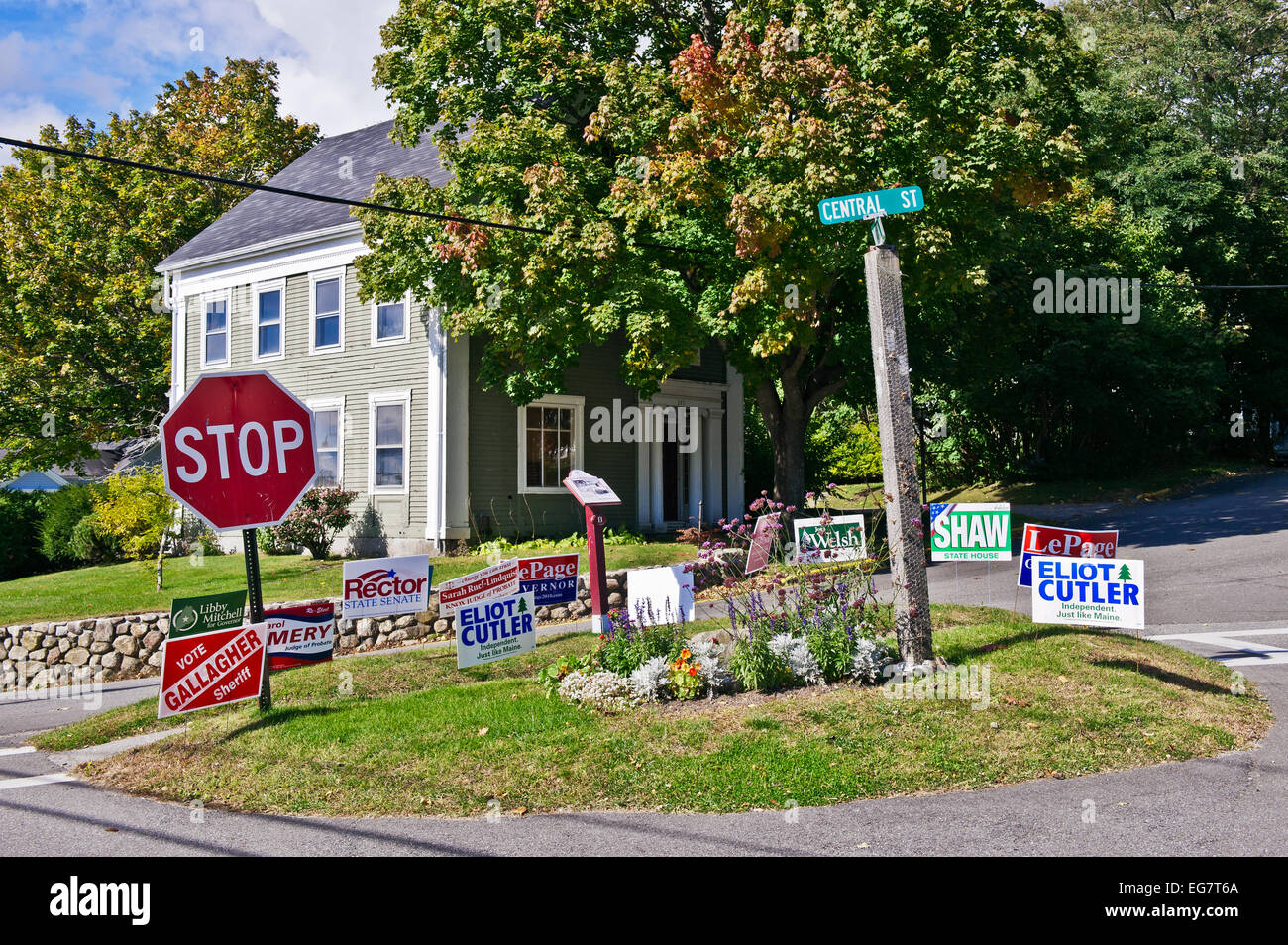 Kommunalpolitik Wahl Kampagne Zeichen, Rockport, Maine, USA Stockfoto