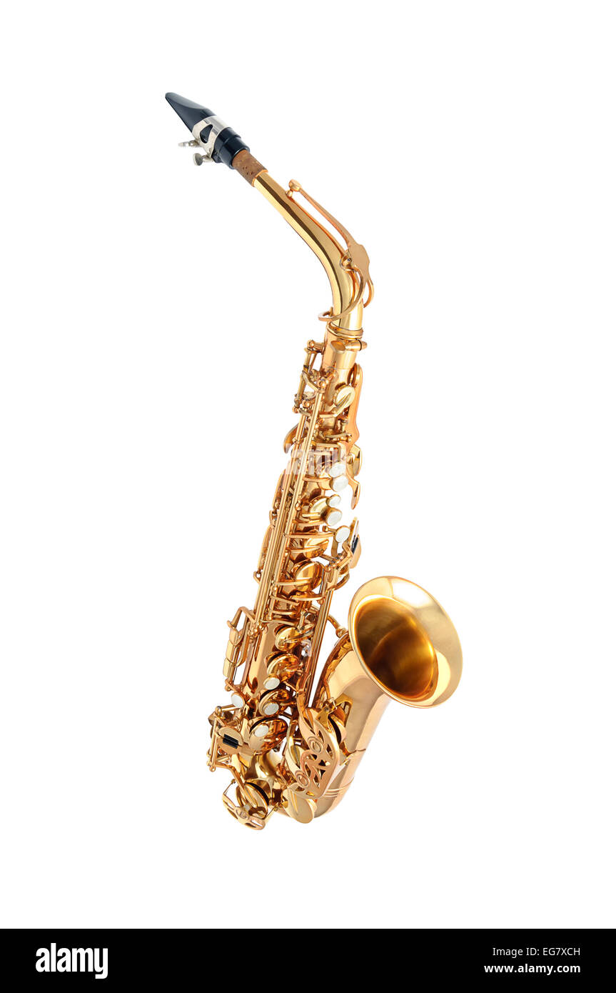 Klassisches Instrument Golden Altsaxophon isoliert auf weiss Stockfoto
