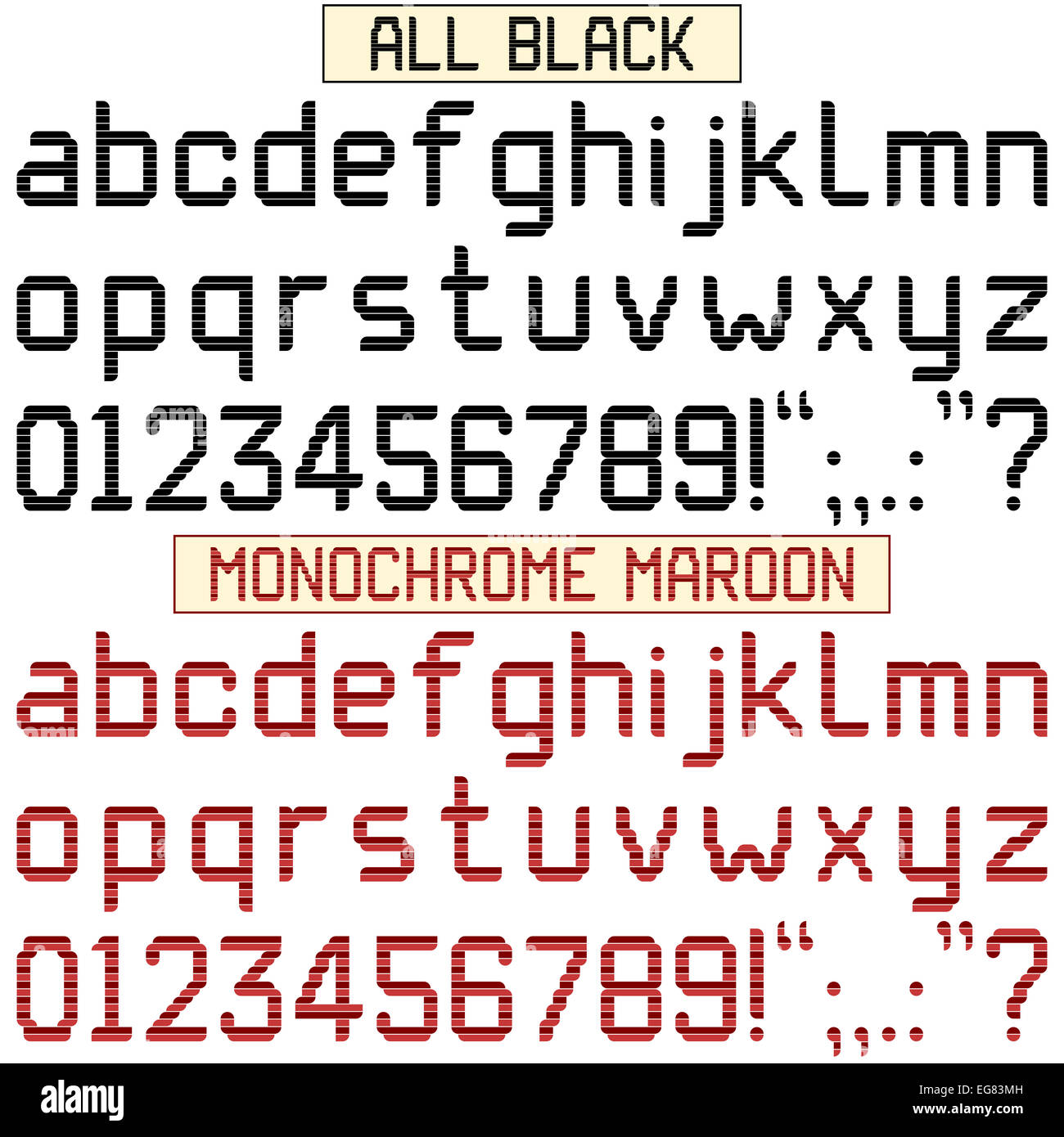 Kleinbuchstaben-Alphabet, Ziffern und Satzzeichen in Computerschriftart mit Streifen. Schwarz und monochrom maroon Sätze. Stockfoto