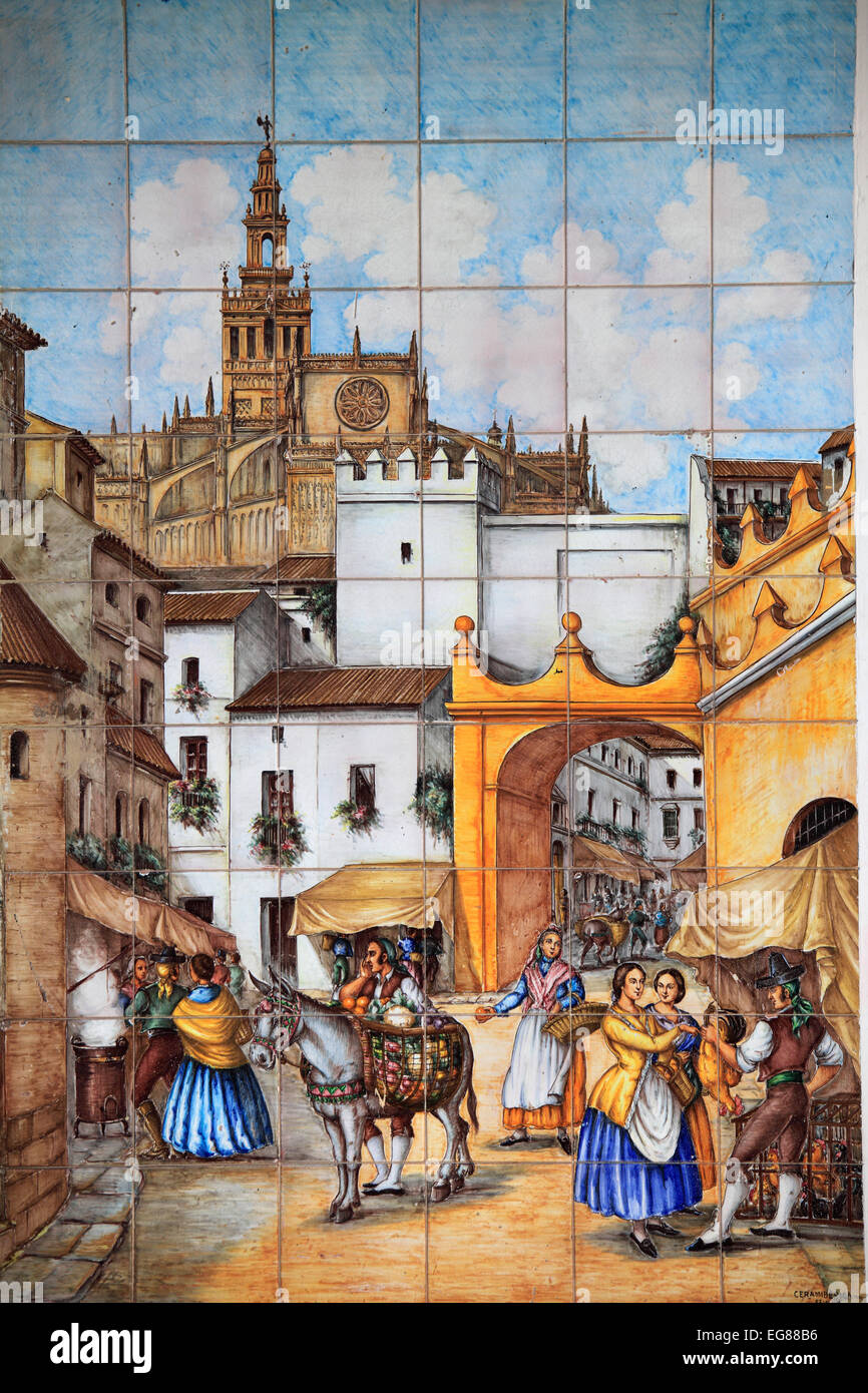 Spanien, Andalusien, Sevilla, Azulejo, keramische Fliesen Bild, traditionelle Architektur Detail, Stockfoto