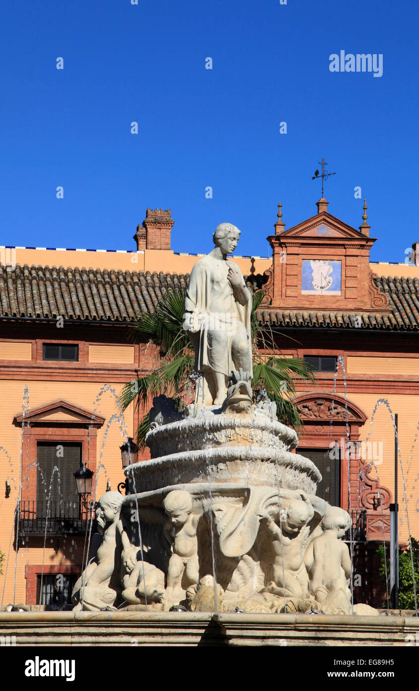Spanien, Andalusien, Sevilla, Plaza Puerta de Jerez, Square, Springbrunnen, Statue, Stockfoto