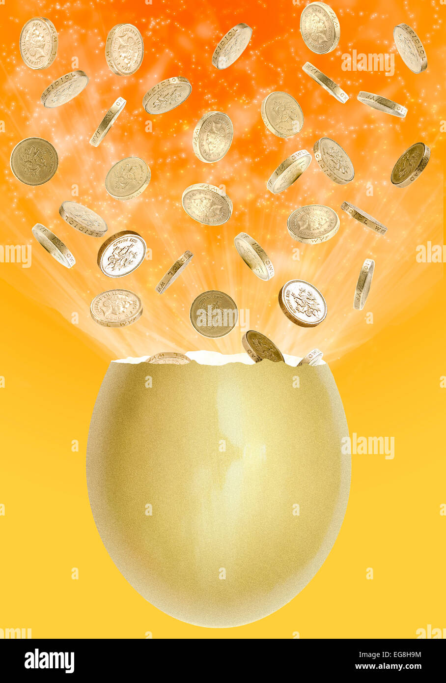 Geld, Pfund-Münzen aus goldenen Ei explodiert. Finanzielle Auszahlung Jackpot Konzept. Stockfoto