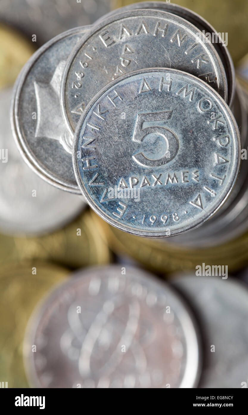 Eine Auswahl an griechischen Drachme Münzen aus den 1990er Jahren Stockfoto