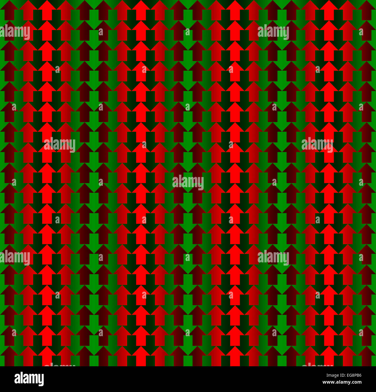 Rote und grüne Pfeile entgegengesetzte Richtungen, mit einem Gefälle, so dass die Illusion von drei Dimensionen, nahtlose Muster Stockfoto