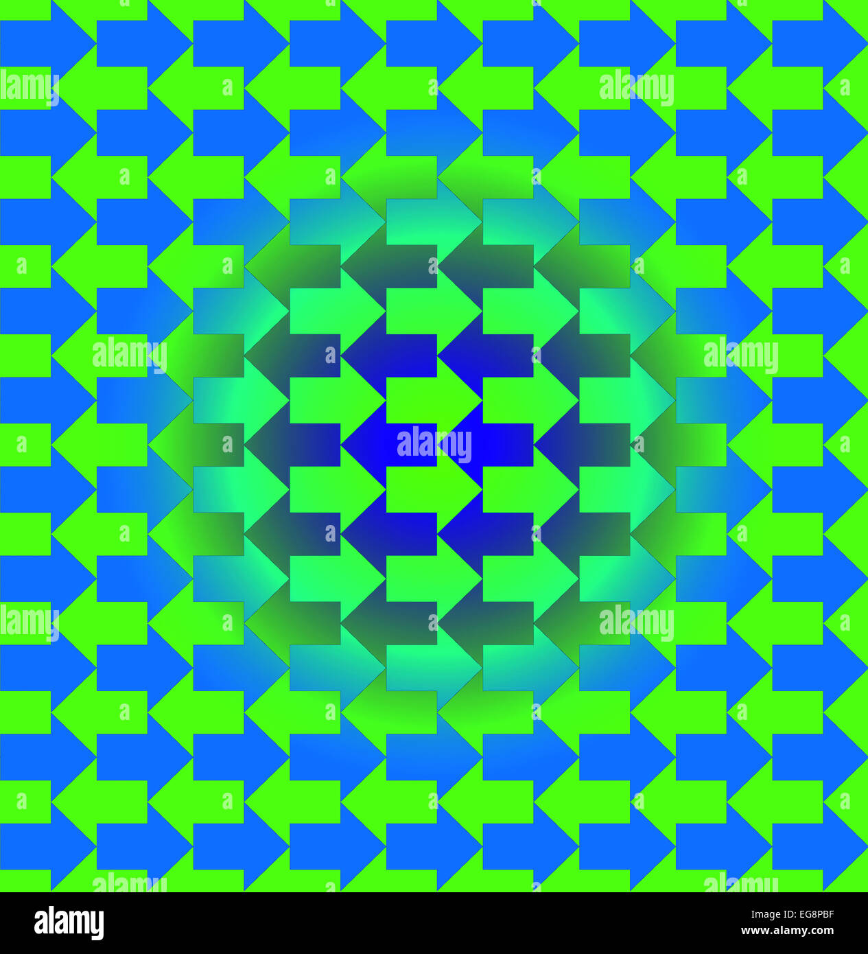 Grüne und blaue Pfeile entgegengesetzte Richtungen, mit einem Gefälle, so dass die Muster aussehen drei dimensionale in der Mitte Stockfoto
