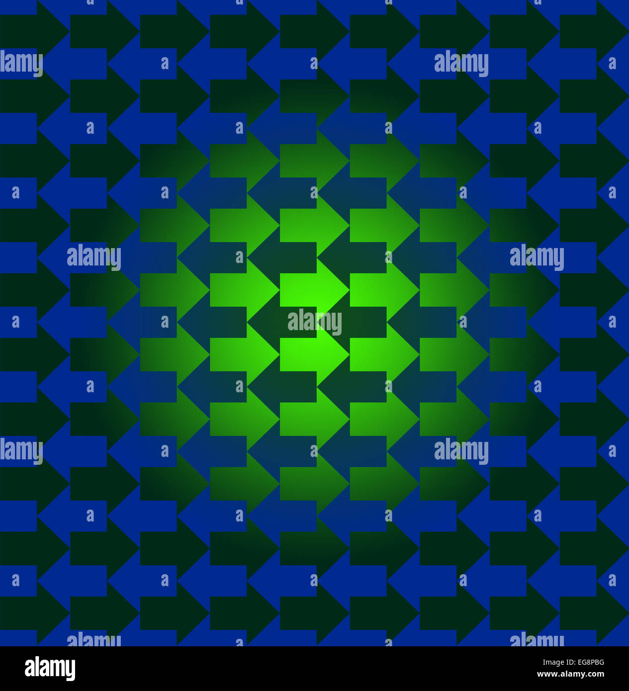 Grüne und blaue Pfeile entgegengesetzte Richtungen, mit einem Farbverlauf machen das Muster sehen dreidimensional in der Mitte Stockfoto