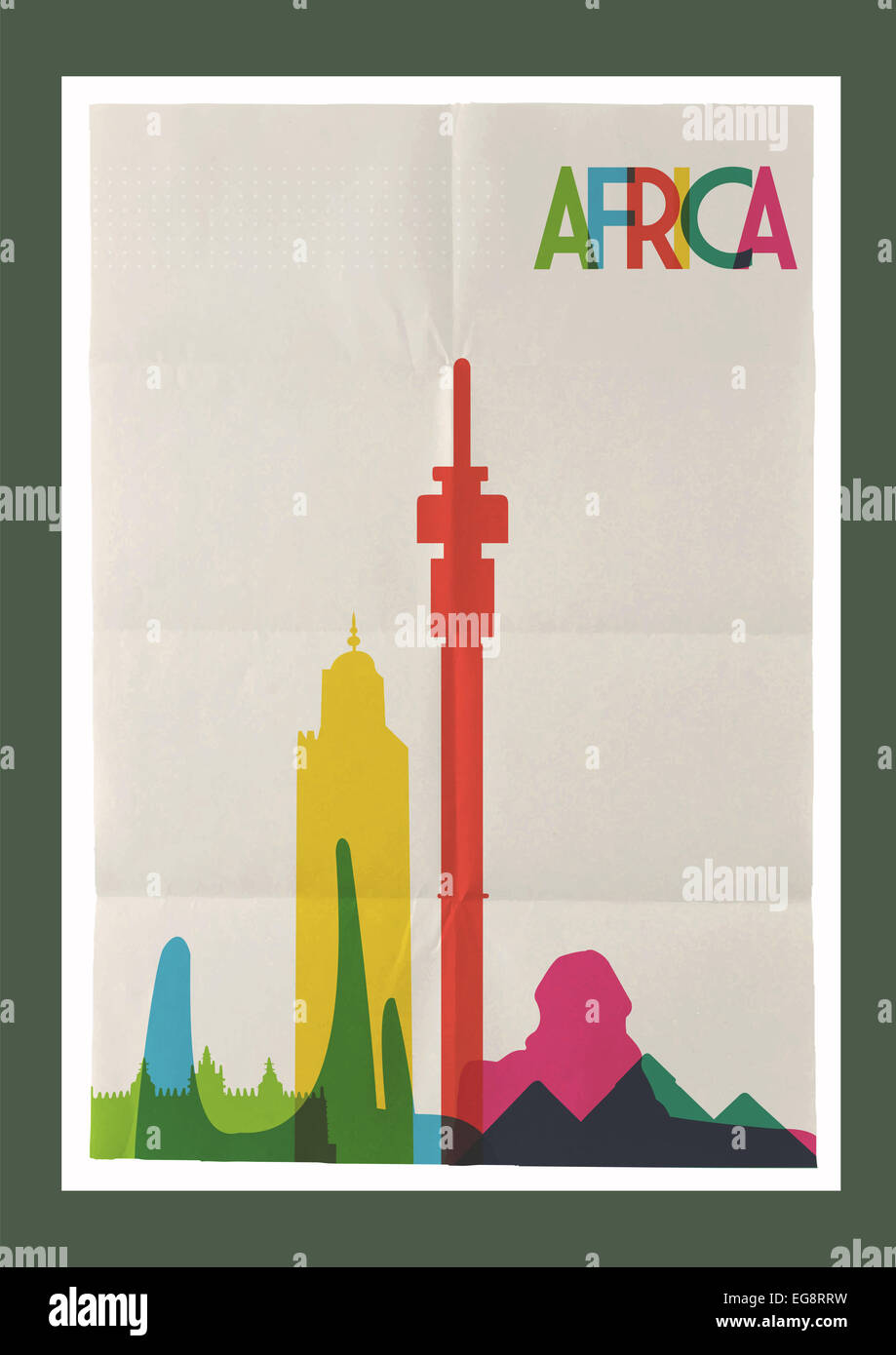 Reisen Afrika Sehenswürdigkeiten Skyline auf Vintage-Papier Plakat Design Blatthintergrund. Vektor in Schichten für easy Crea organisiert Stockfoto
