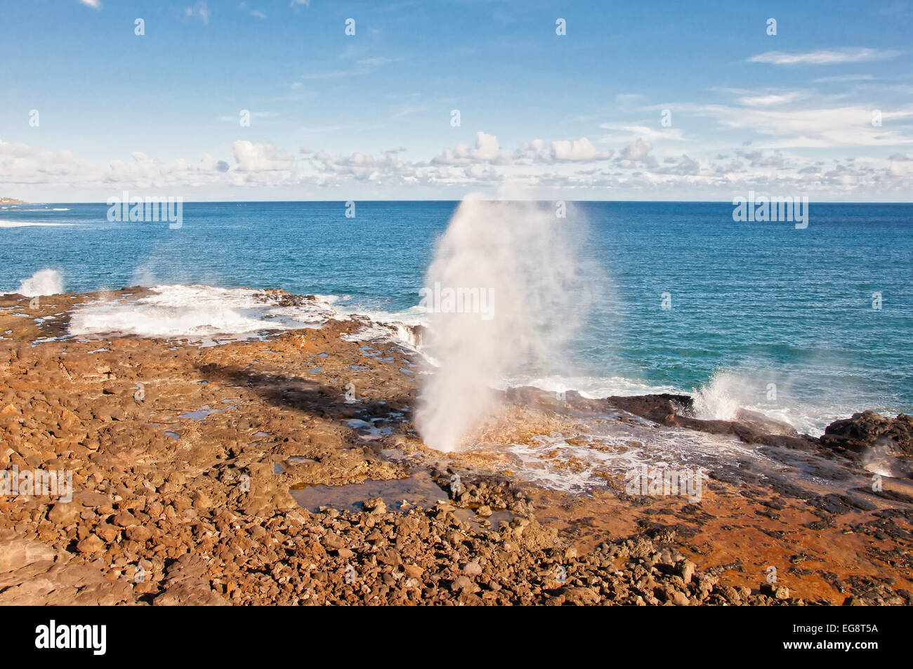 Ansturm von Meerwasser wird aus Spouting Horn, eine natürliche Schlag Loch eine Lavaröhre auf der Insel Kauai Spie Stockfoto