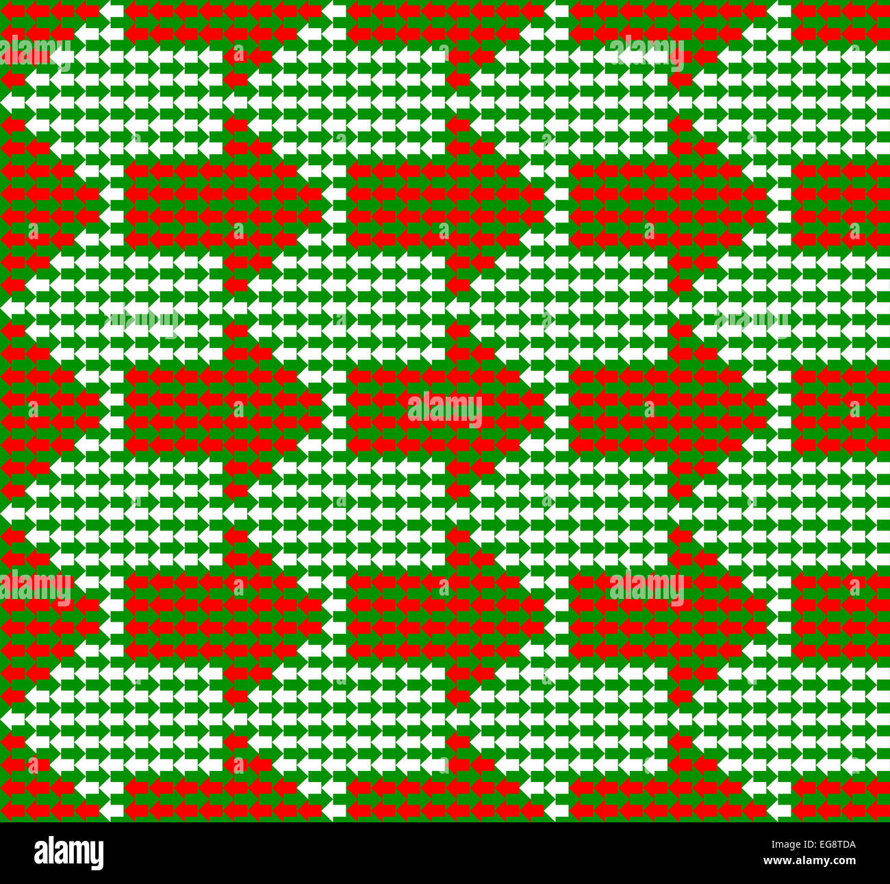 Grüne, weiße und rote Pfeile zeigen in entgegengesetzte Richtungen, mit kleinen, größeren, ein nahtloses Muster bilden Stockfoto
