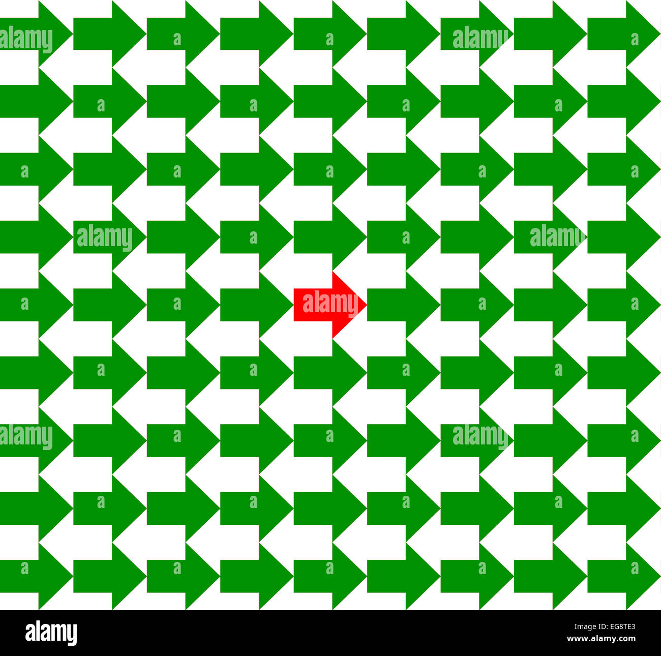 Grüne und weiße Pfeile in entgegengesetzte Richtungen, mit einem "roten" in der Mitte, nahtloses Muster Stockfoto
