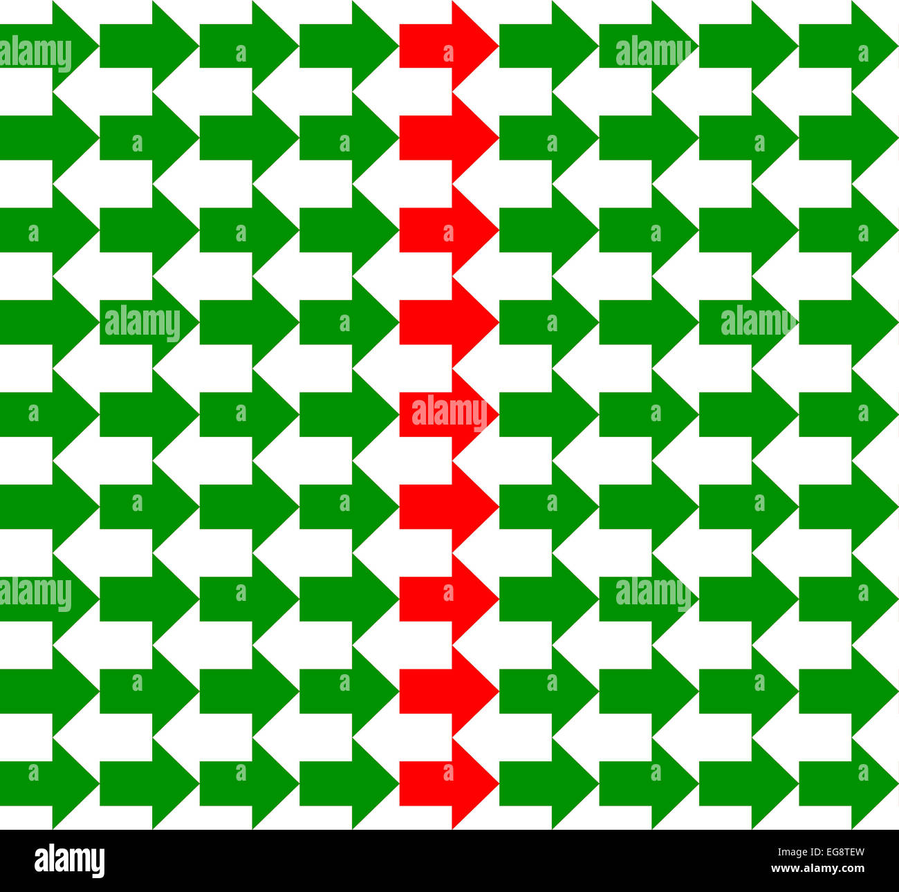 Grüne und weiße Pfeile in entgegengesetzte Richtungen, mit einer roten Reihe in der Mitte, nahtloses Muster Stockfoto