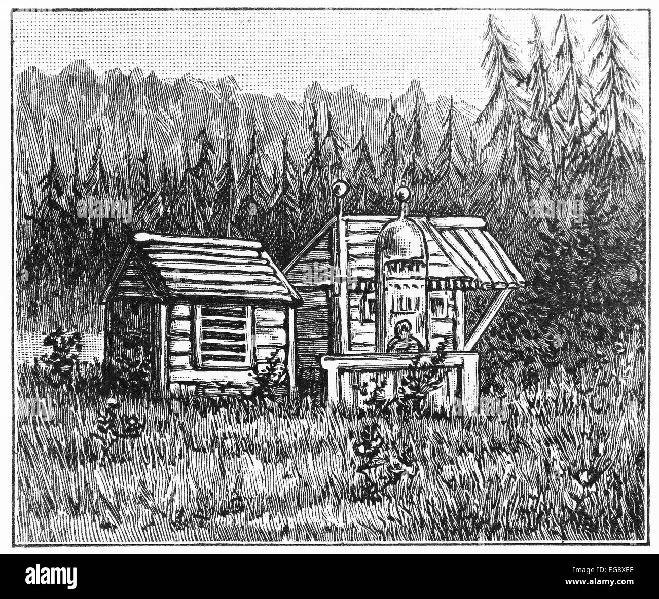 Jahrgang des 19. Jahrhunderts, die Zeichnung der Bestattung Haus aus Nordwest-Amerika Stockfoto