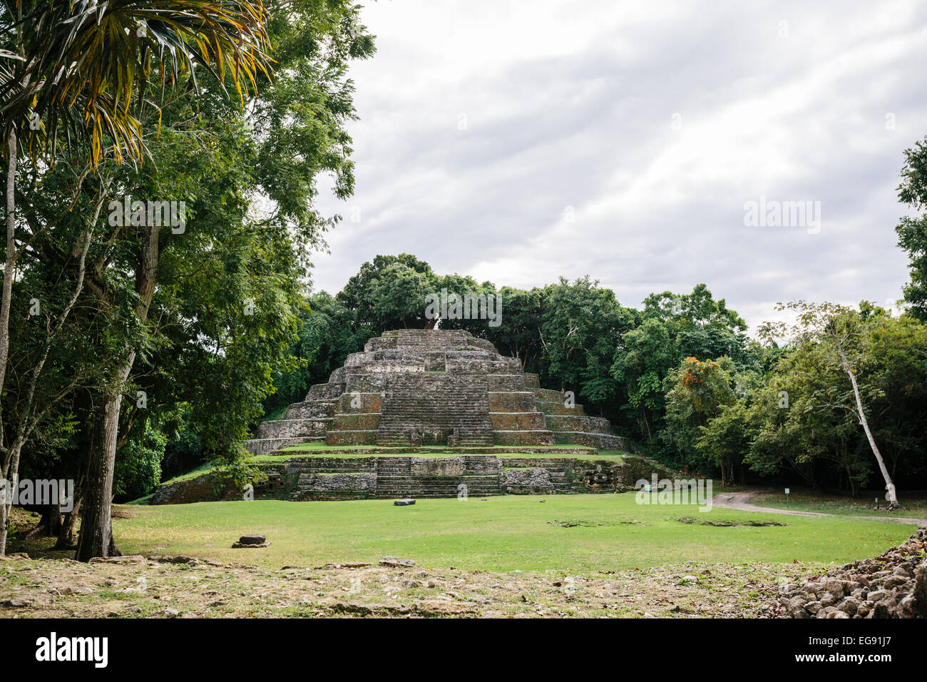 Jaguar-Tempel & Plaza, Lamanai, Belize Stockfoto
