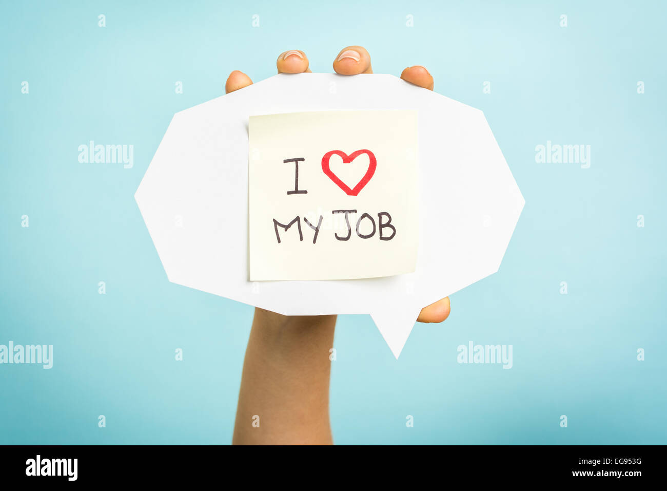 Gelbe Klebstoff Hinweis auf Sprechblase mit Worten "Ich liebe meinen Job" Stockfoto