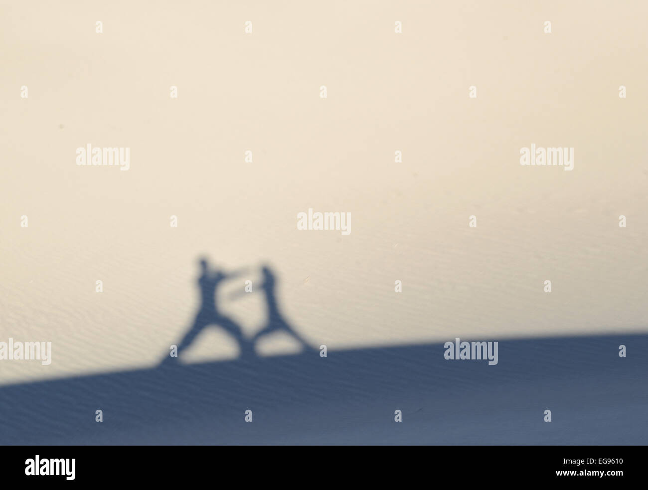 Kampfkünstler Silhouetten und Schatten gegen Sanddünen Stockfoto