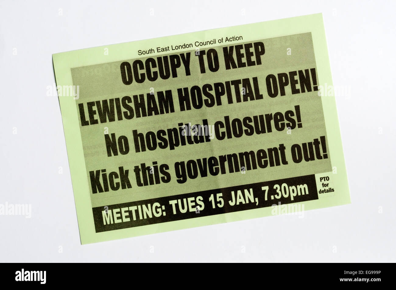 Flugblatt gegen die Schließung von Lewisham Krankenhaus. Stockfoto