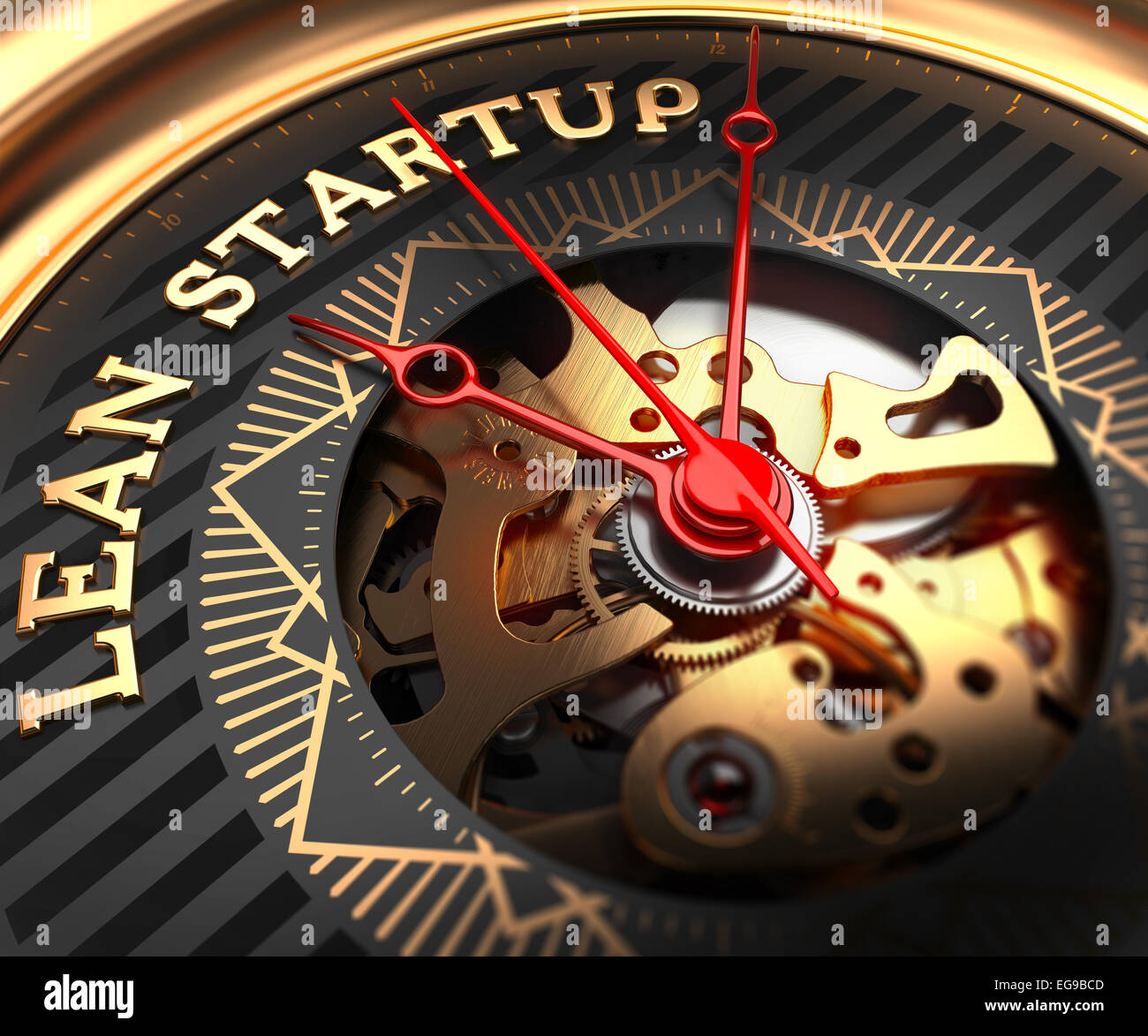 Lean Startup auf schwarz-goldenen Zifferblatt mit Uhrwerk. Full-Frame-Nahaufnahme. Stockfoto