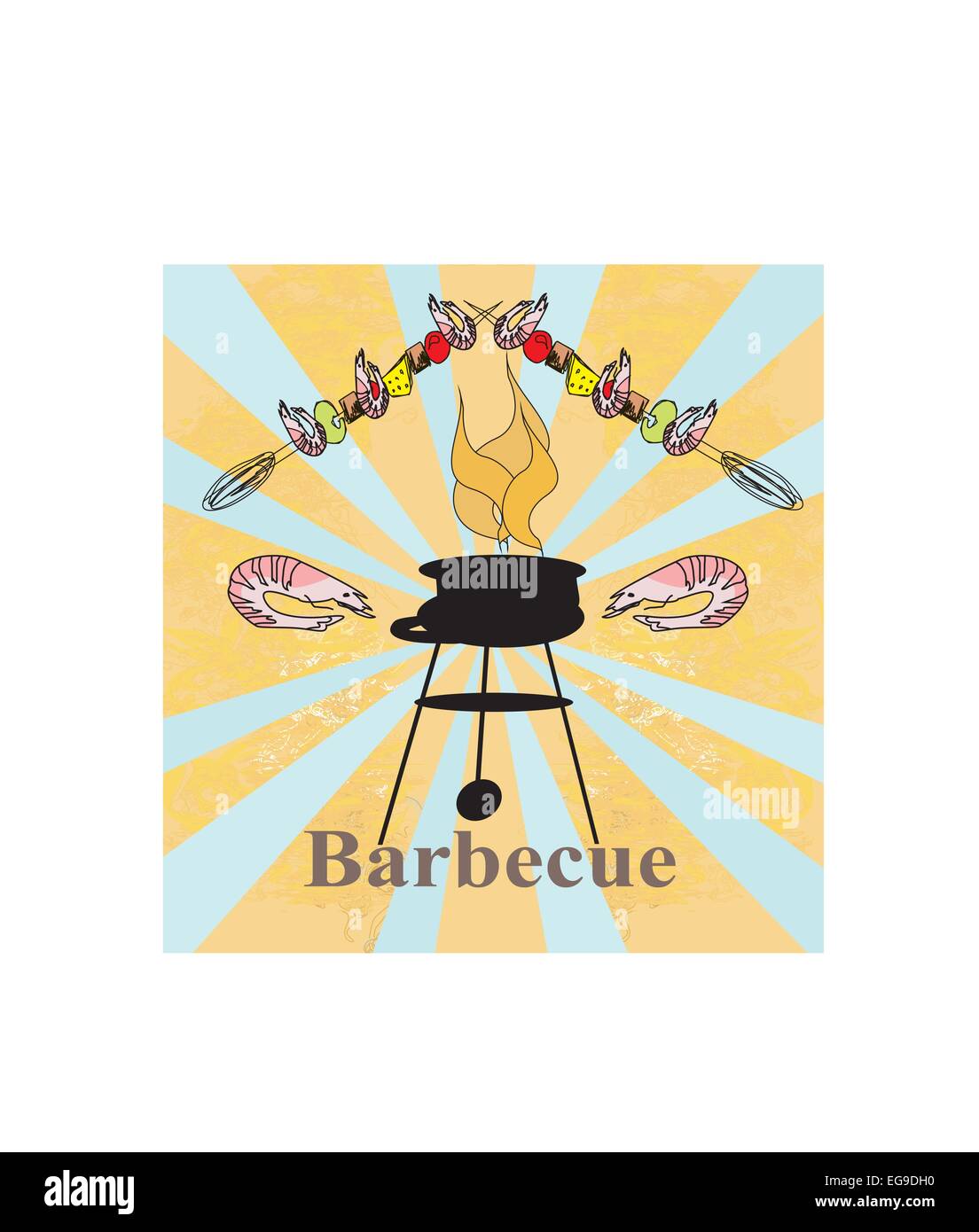 Stilisierte leckere Garnelen Kabob auf dem Grill. Stock Vektor