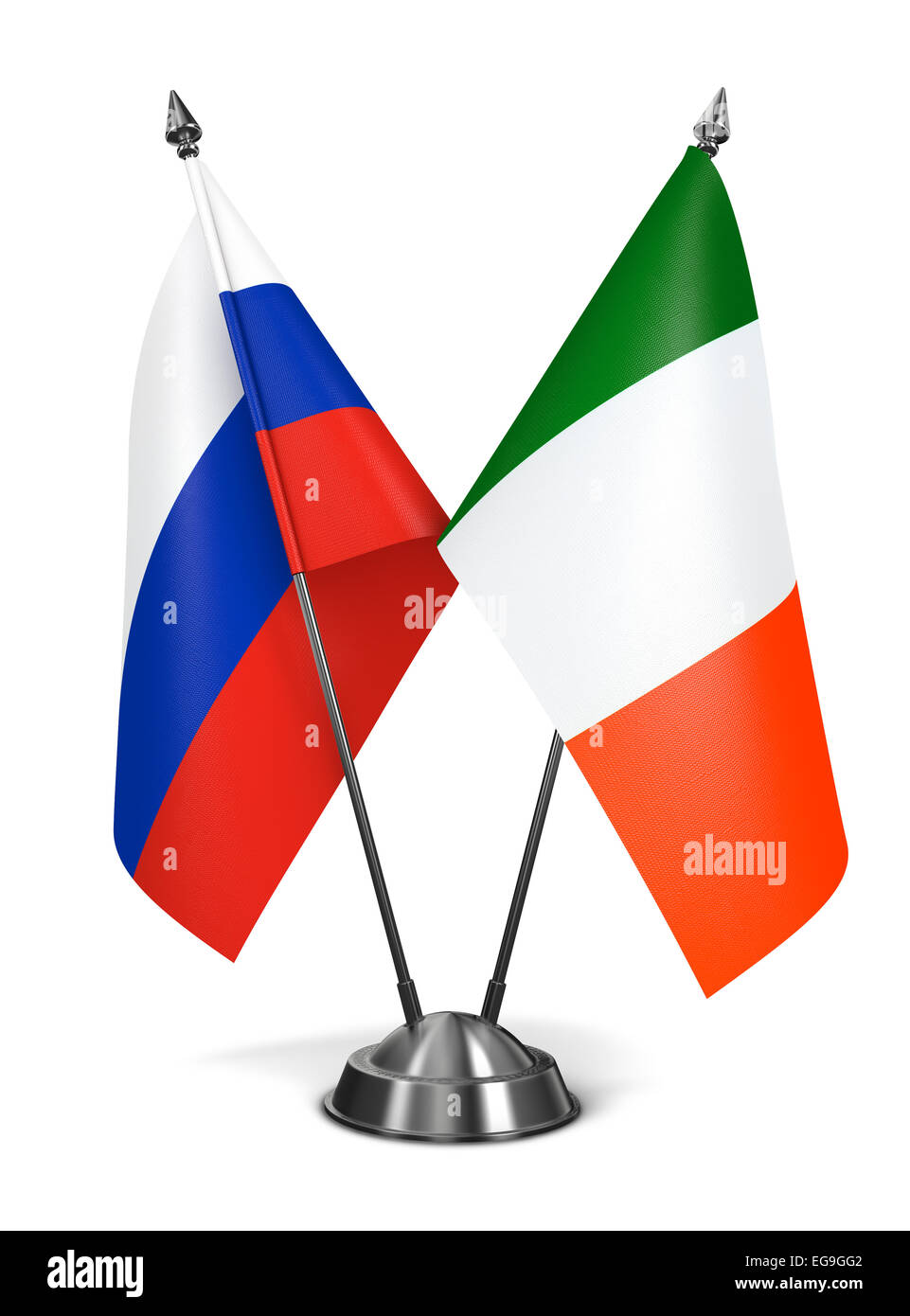 Russland und Irland - Miniatur-Flags, Isolated on White Background. Stockfoto