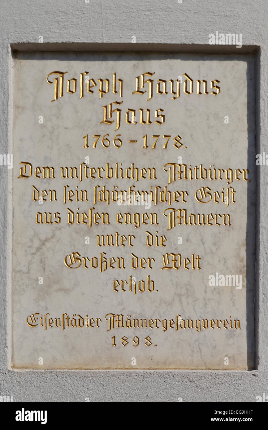 Gedenktafel an der Haydn-Haus, Nordburgenland, Eisenstadt, Burgenland, Österreich Stockfoto