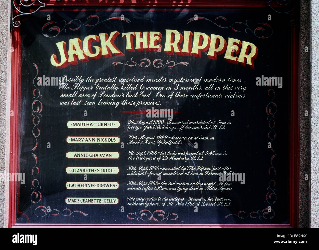 Jack the Ripper 'Opfer Brett'. Die zehn Glocken-Kneipe. London Stockfoto