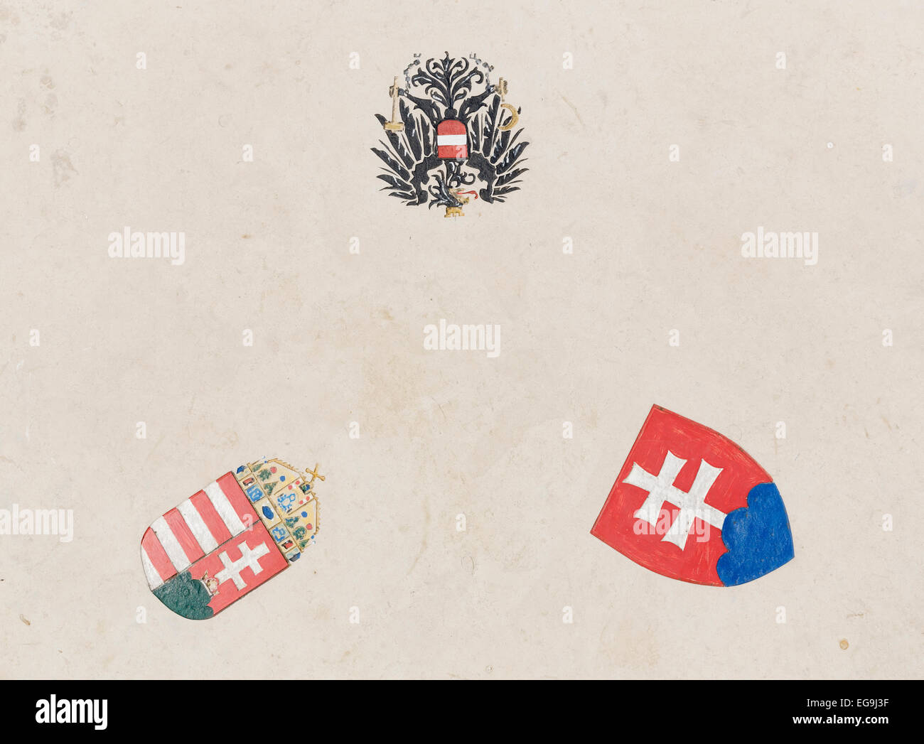 Drei Wappen der Länder im Dreiländereck Österreich - Ungarn - Slowakei, Nordburgenland, Burgenland Stockfoto