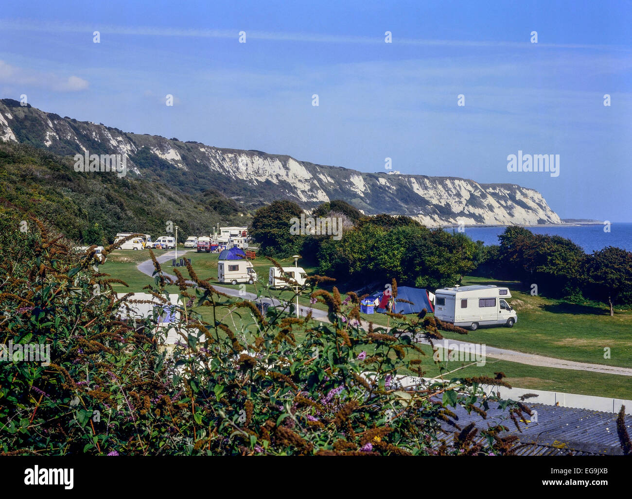 Camping und Caravan-Seite. Kreidefelsen von Dover. Kent. UK Stockfoto