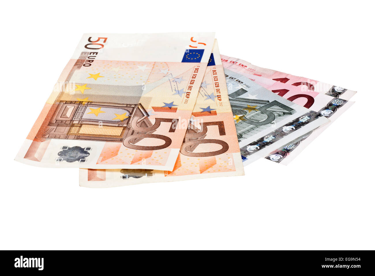 Euro-Banknoten, die isoliert auf weißem Hintergrund Stockfoto