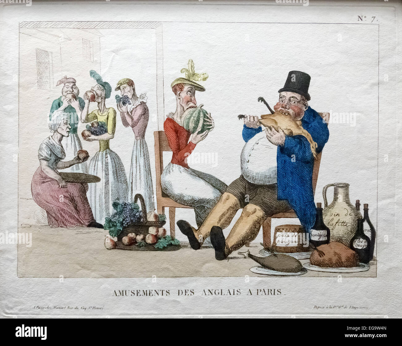 "Vergnügungen des Anglais a Paris" (1814). Französische Karikatur der gefräßige englischen Touristen, die Behandlung selbst, das lokale Essen Stockfoto