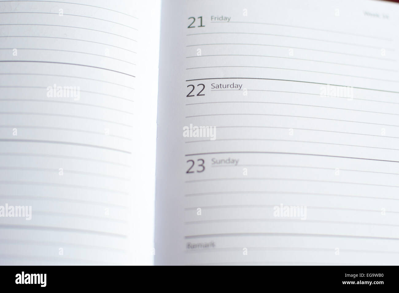 eine leere Seite in einem Tagebuch mit Schwerpunkt auf ein Wochenende Samstag und Sonntag symbolisiert Freizeit oder Einsamkeit Stockfoto
