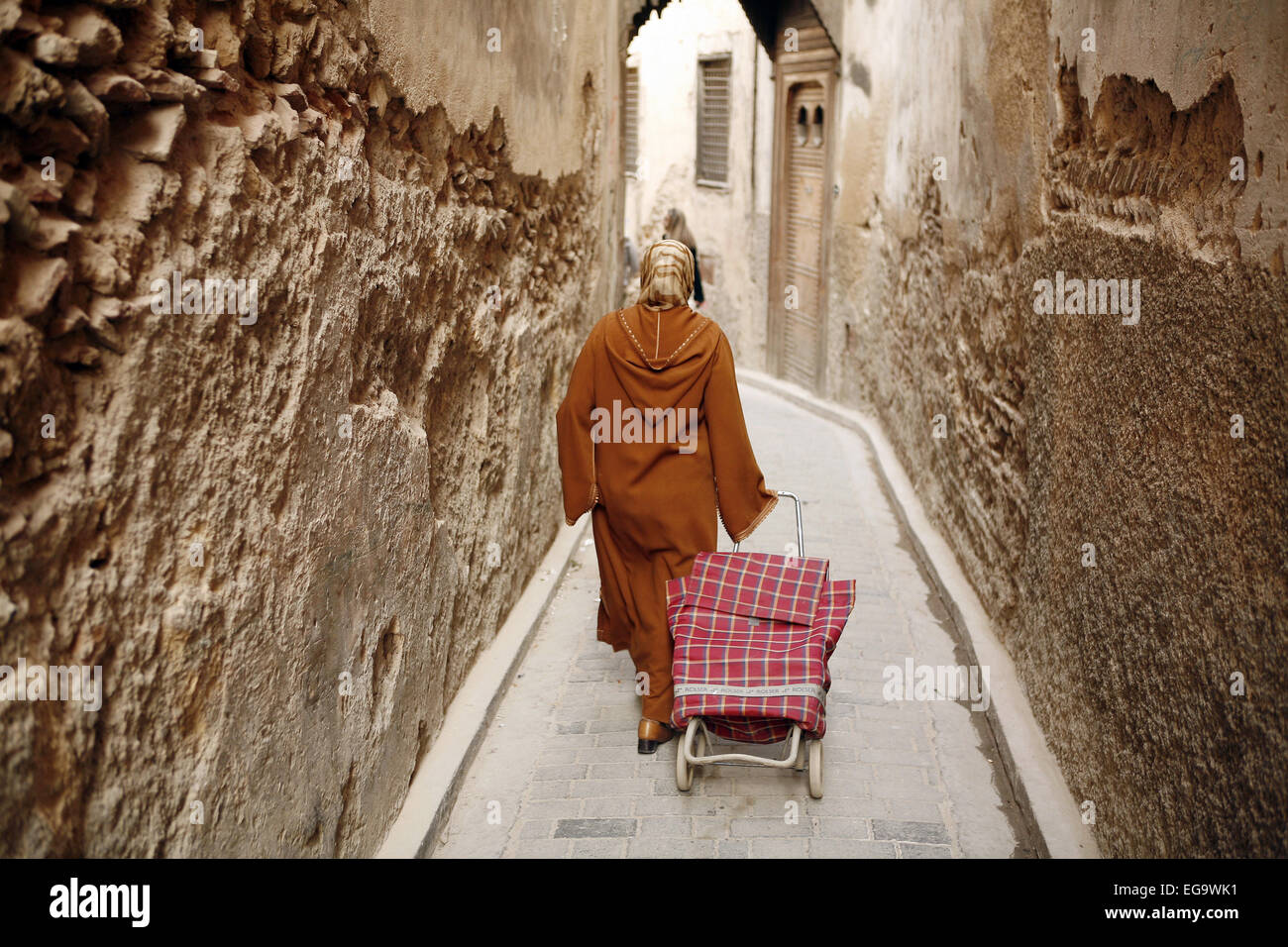 Fes (Marokko), Novembre 2009: Frau angesehen von hinten ziehen einen kleinen Einkaufswagen in einer Gasse Stockfoto